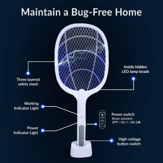 Rechargeable Mosquito Racket With Stand – Electric Insect Killer Bat For Indoor And Outdoor Use (Random Color)