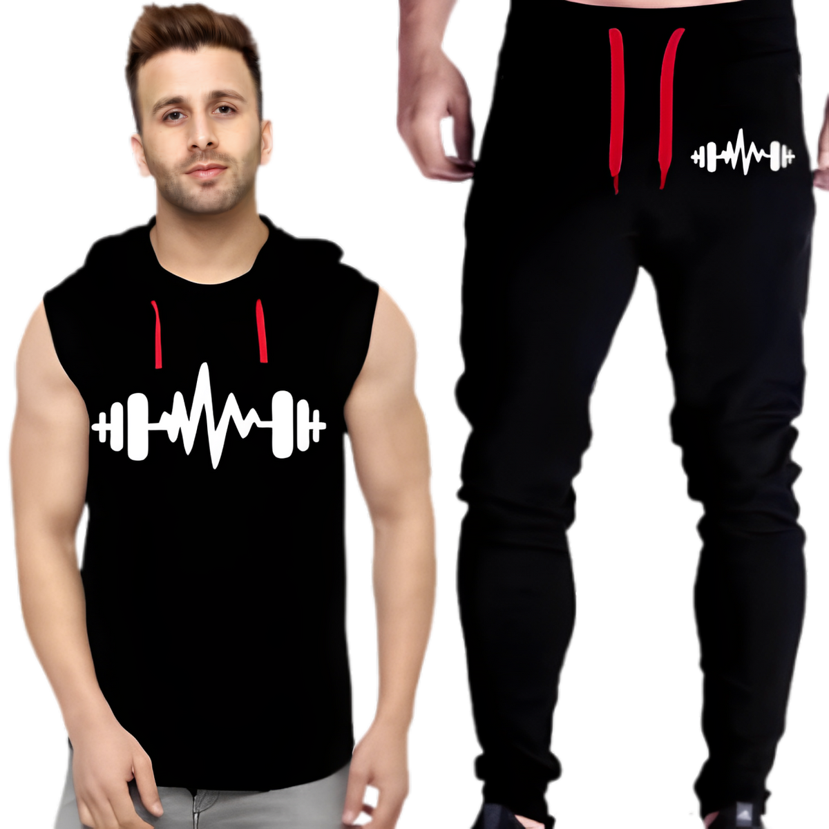 Black Vinyl Dumble Printed Gym Summer Hooded Sleeveless Tracksuit for Mens (Hooded + Trouser) - M