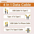 4 In 1 Data Cable Pack Of 2 Usb C Lightning Connectors Braided Durable Design Fast Charging Data Transfer Black With Yellow Connectors