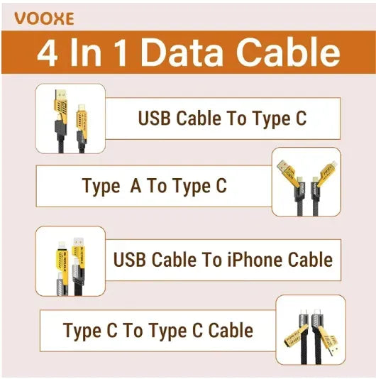 4 In 1 Data Cable Pack Of 2 Usb C Lightning Connectors Braided Durable Design Fast Charging Data Transfer Black With Yellow Connectors