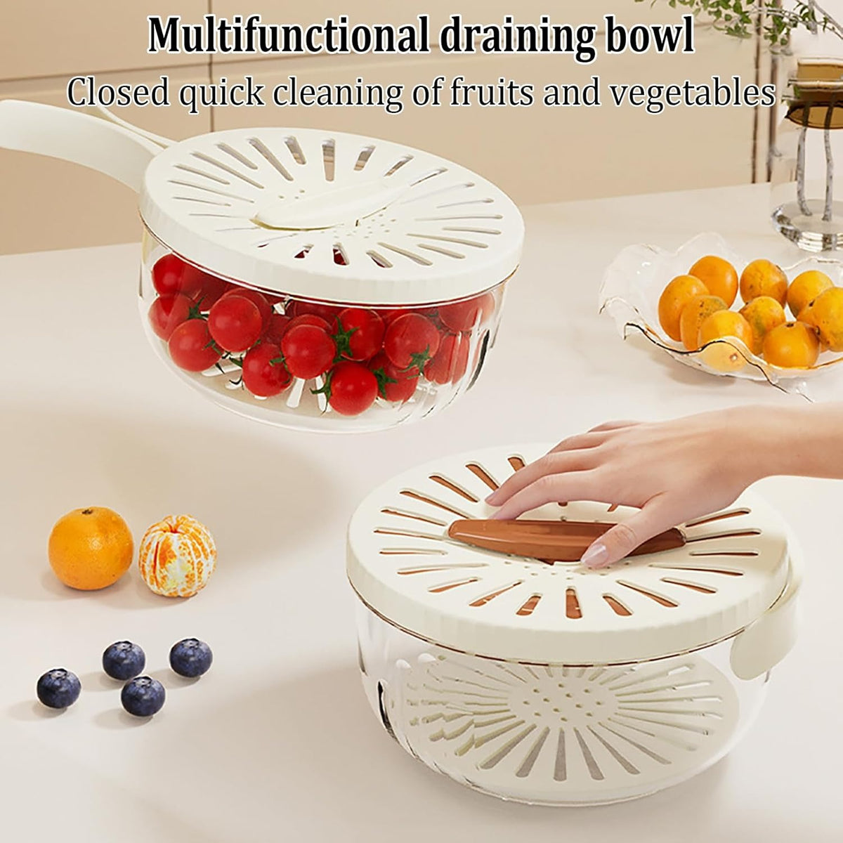 Kitchen Fruit Drainage Basket With Lid Multi Functional Dual Layer Bowl For Washing Draining Amp Storing Fruits And Vegetables Foldable Handle Design White