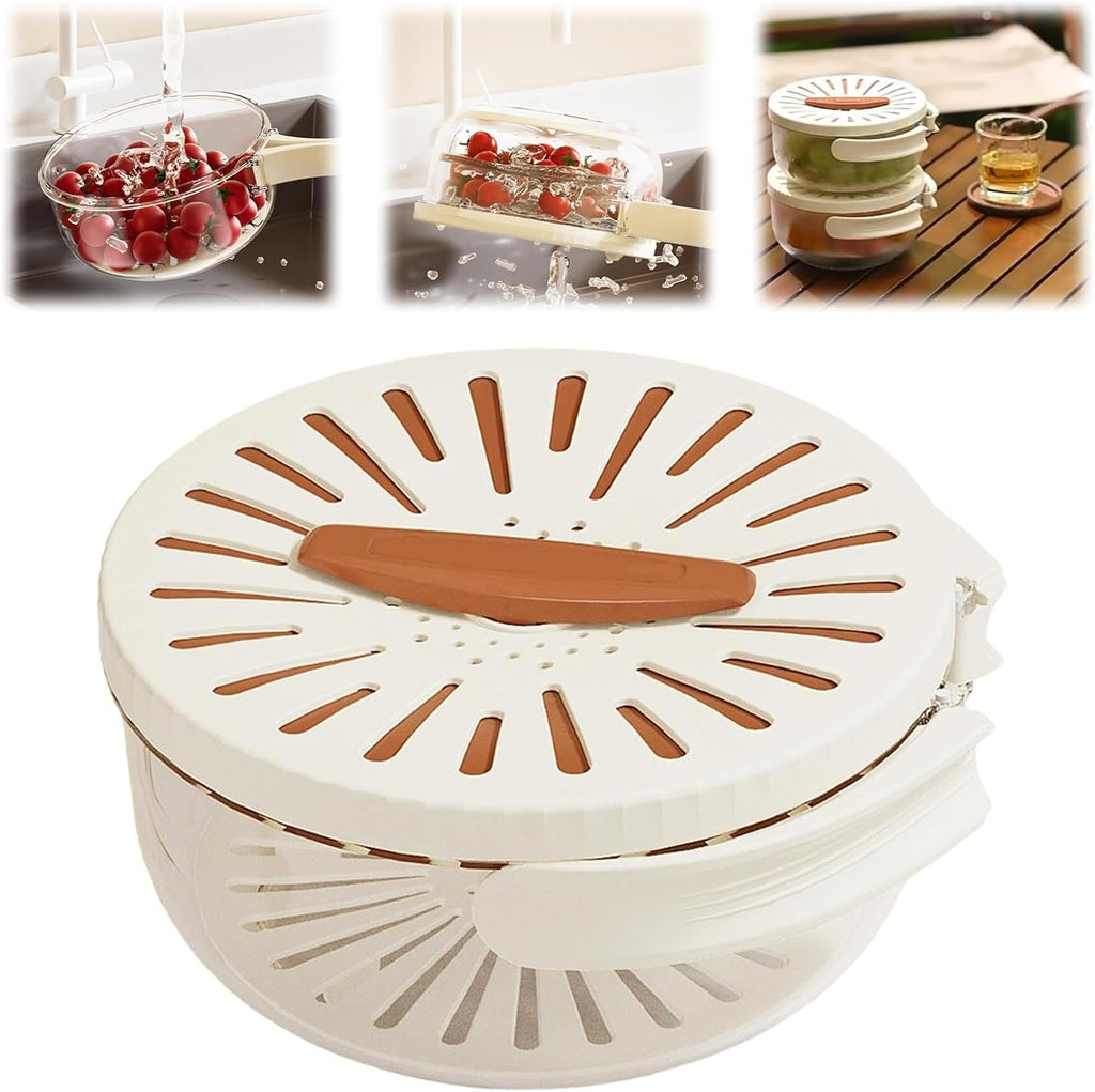 Kitchen Fruit Drainage Basket With Lid Multi Functional Dual Layer Bowl For Washing Draining Amp Storing Fruits And Vegetables Foldable Handle Design White
