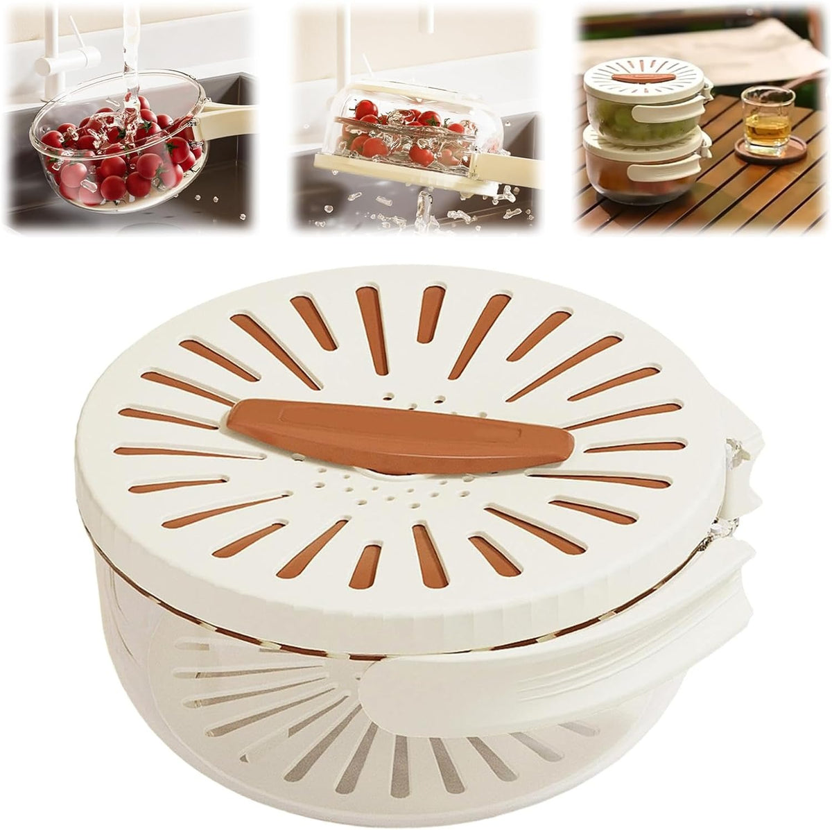 Kitchen Fruit Drainage Basket With Lid Multi Functional Dual Layer Bowl For Washing Draining Amp Storing Fruits And Vegetables Foldable Handle Design White