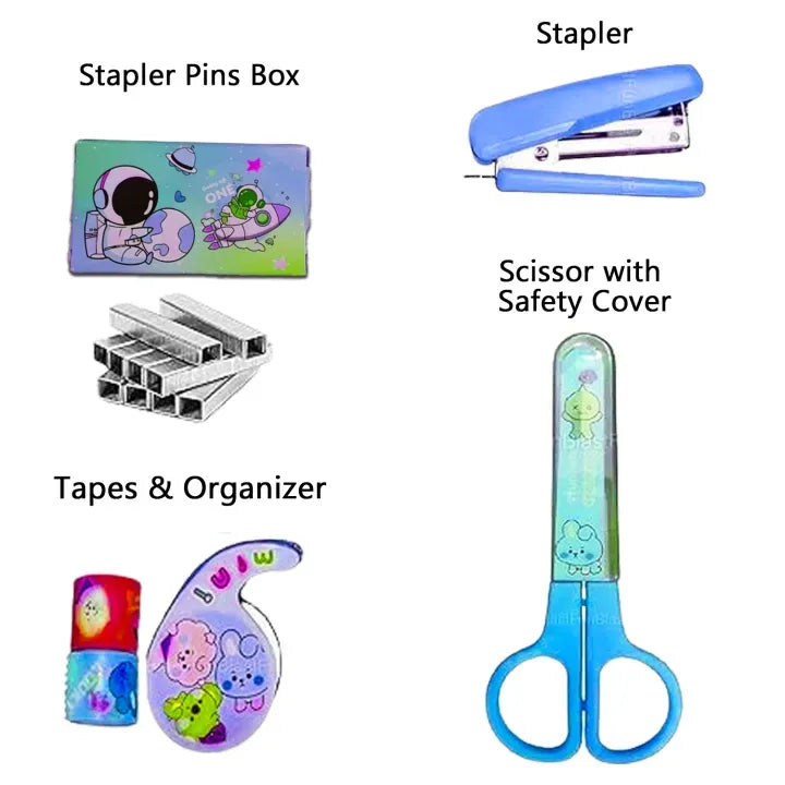 Space Themed Stationery Set For Students And Office Use 6 Piece Desk Organizer Kit With Stapler Staple Pins Scissors Mini Washi Tapes And Tape Dispenser Creative Back To School And Gift Set Random Color