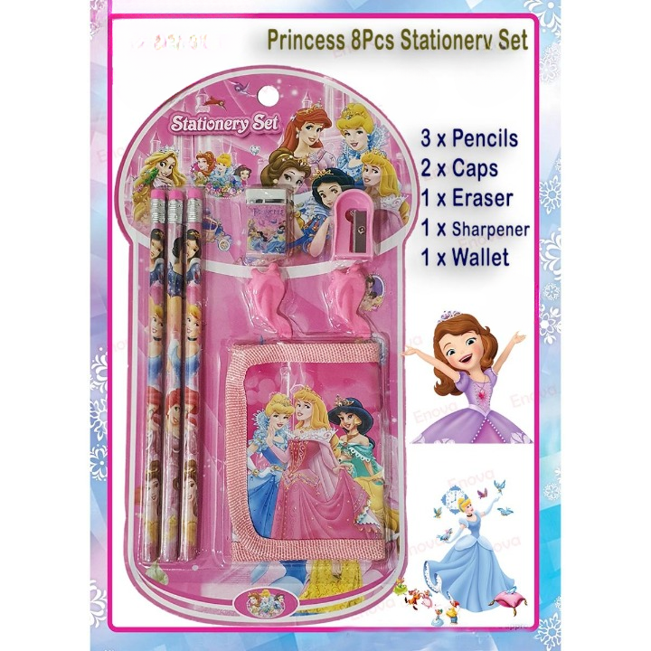 8 Pcs Stationery Gift Set For School Children Disney Character Design Includes Pencils Eraser Sharpener Pencil Caps And Wallet Perfect Birthday Gift And Back To Schoo