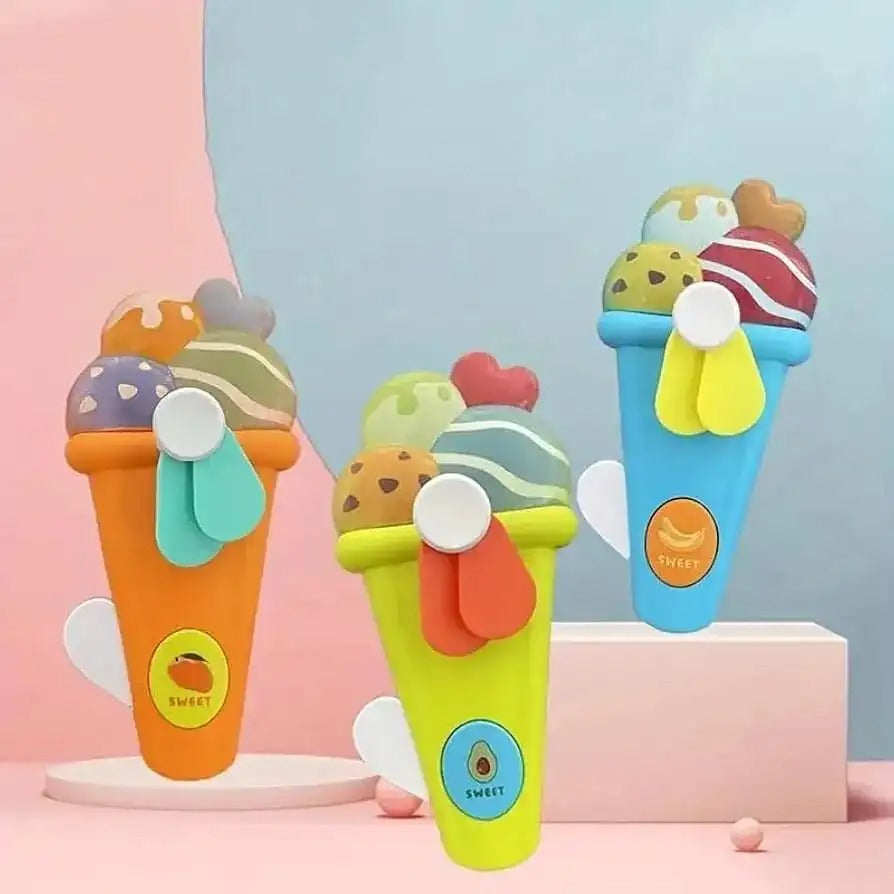 Handheld Ice Cream Cone Toy Fan For Kids Cute Cartoon Design Safe Soft Blades Portable Mini Fan For Summer Play Amp Cooling Random Color
