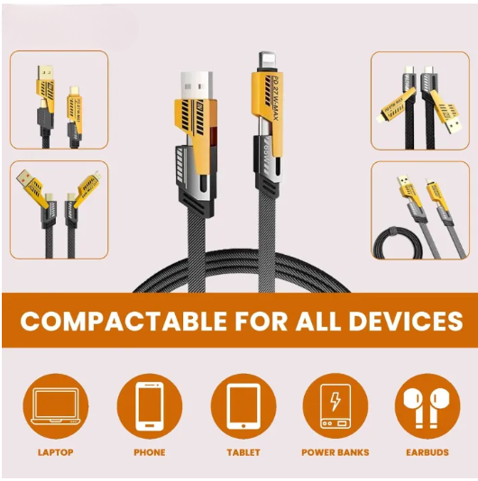 4 In 1 Data Cable Usb C Lightning Connectors Braided Durable Design Fast Charging Amp Data Transfer Black With Yellow Connectors Without Box